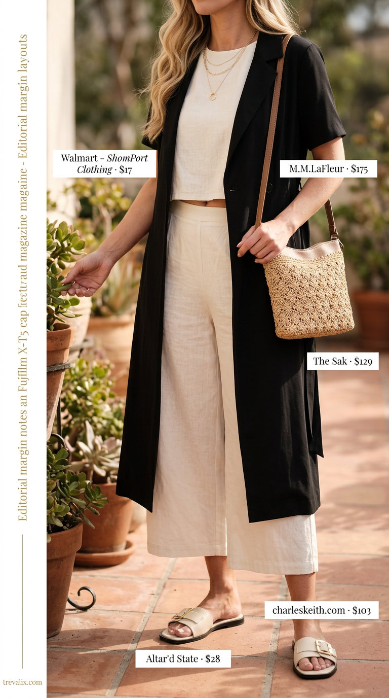 Elegant summer wrap dress outfits 2026: Ivory linen set with wrap dress detail, slide sandals, and straw bag for resort wear.