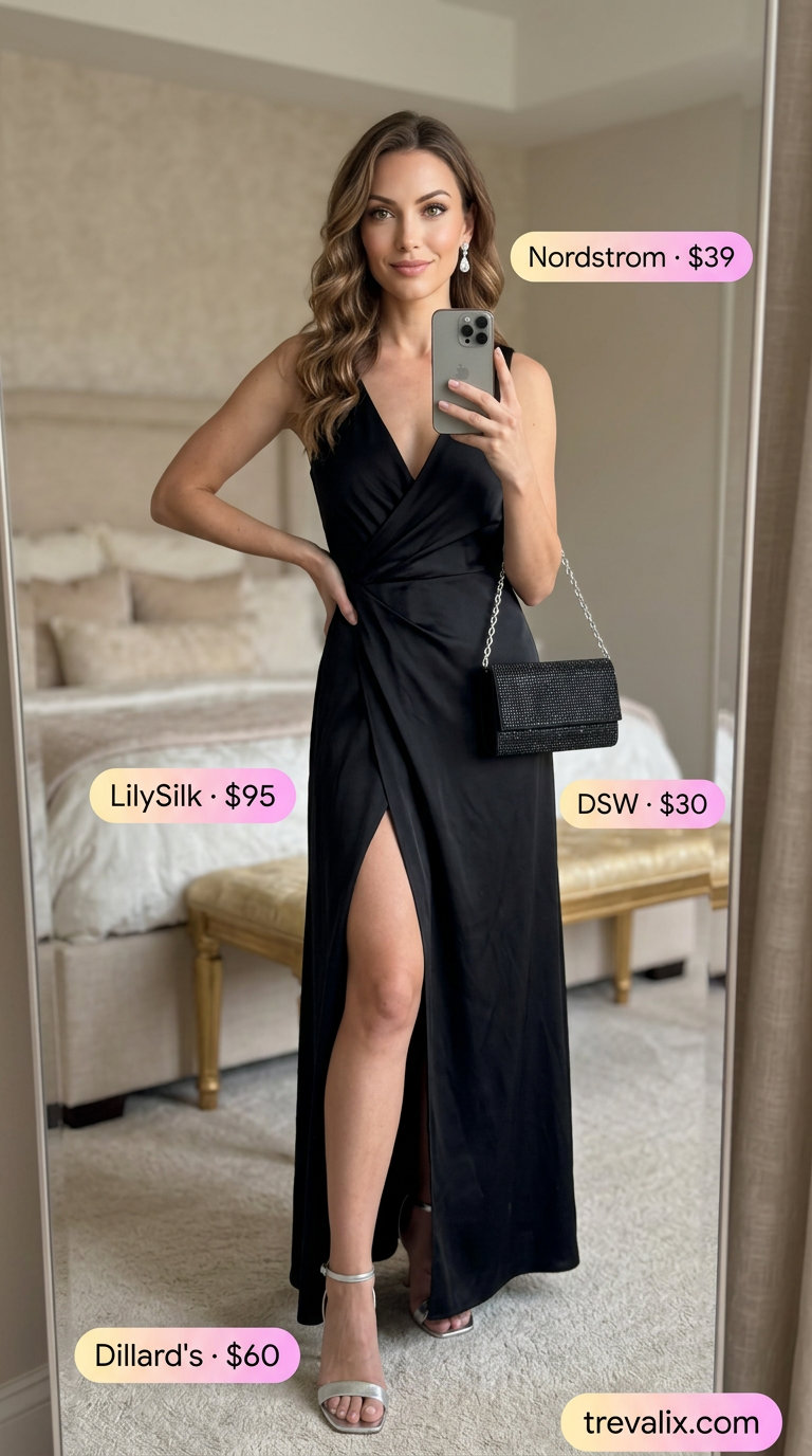 Elegant summer wrap dress outfits 2026: Black satin maxi wrap dress, silver heels, crystal earrings for formal evening.