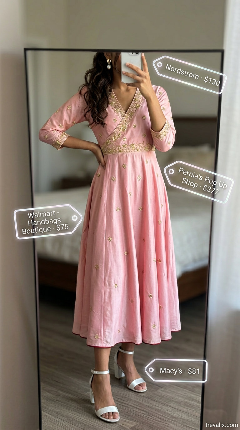 Elegant summer wrap dress outfits 2026: Blush pink floral wrap dress with block heels and pearl earrings for garden party.