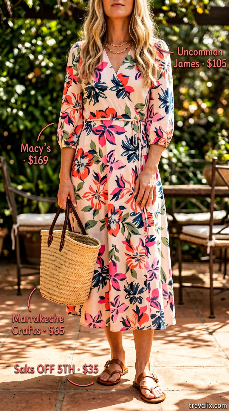 Elegant summer wrap dress outfits 2026: Multi-color floral wrap dress with slide sandals and straw tote for vacation.