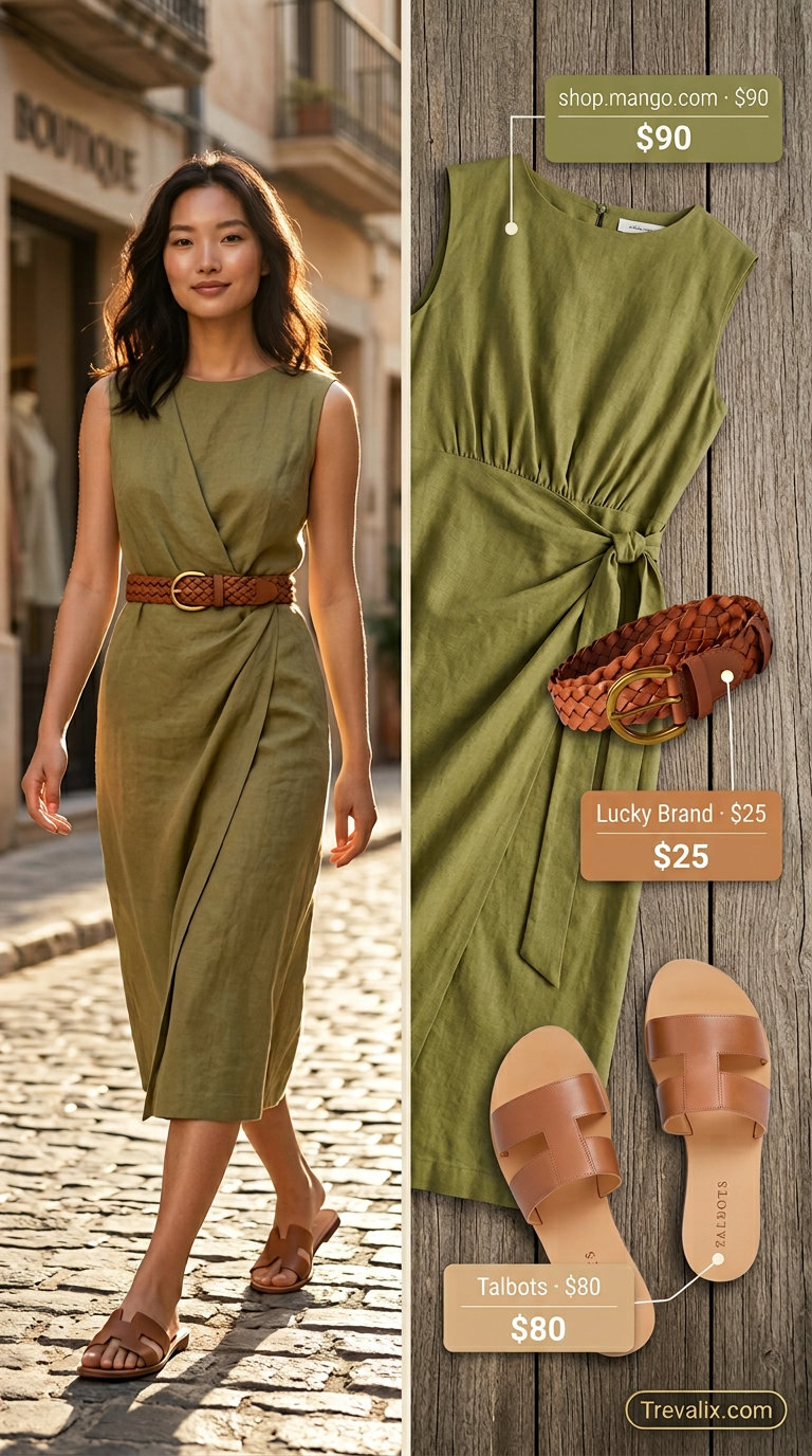 Elegant summer wrap dress outfits 2026: Olive green midi wrap dress, straw hat, leather slides for Mediterranean vacation.
