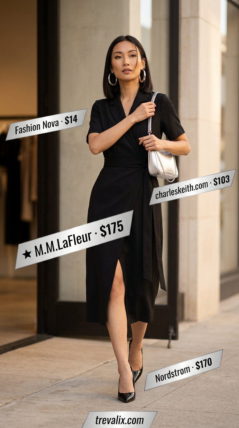 Elegant summer wrap dress outfits 2026: Cream wrap dress with silver heels, clutch, and hoop earrings for minimalist evenings.