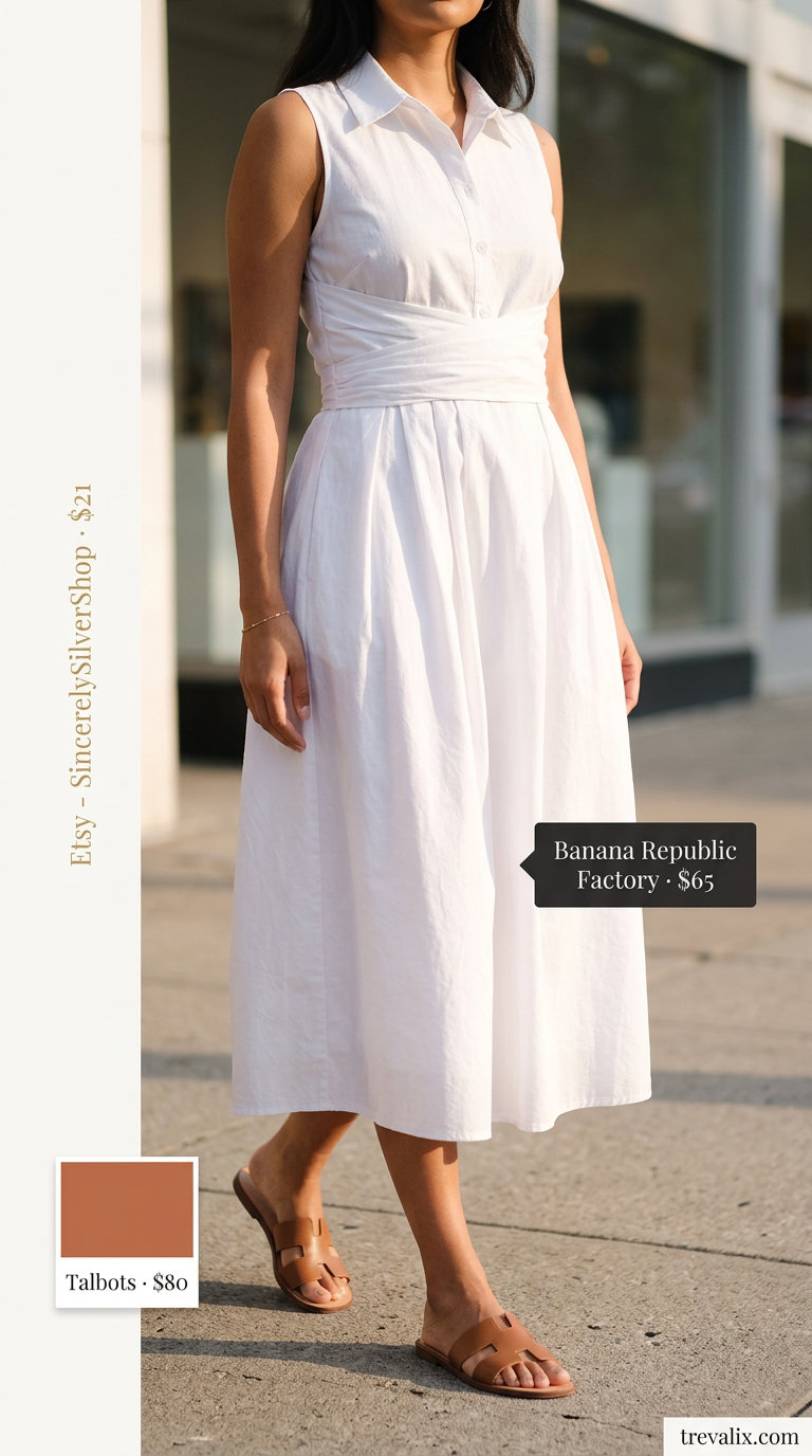 Elegant summer wrap dress outfits 2026: White minimalist wrap dress with leather slides, gold bracelet, and structured tote for events.