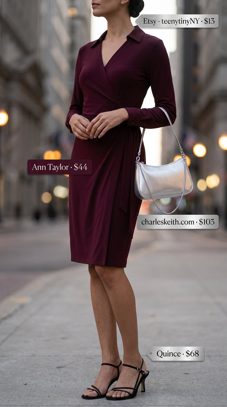 Elegant summer wrap dress outfits 2026: Blush pink wrap dress with heeled sandals and silver bag for date night.