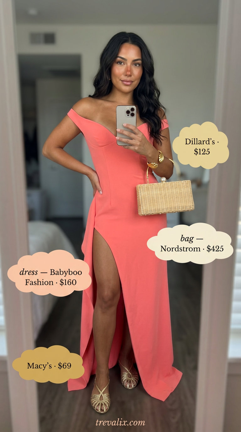 Elegant summer wrap dress outfits 2026: Coral maxi wrap dress, gold flat sandals, woven clutch for resort evening.