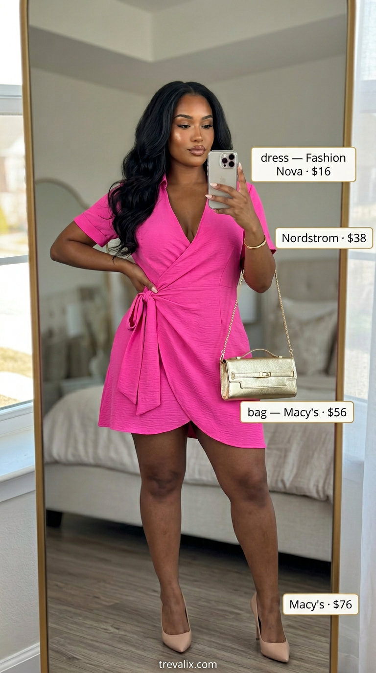 Elegant summer wrap dress outfits 2026: Hot pink mini wrap dress with nude heels, gold clutch, and bangle for summer parties.