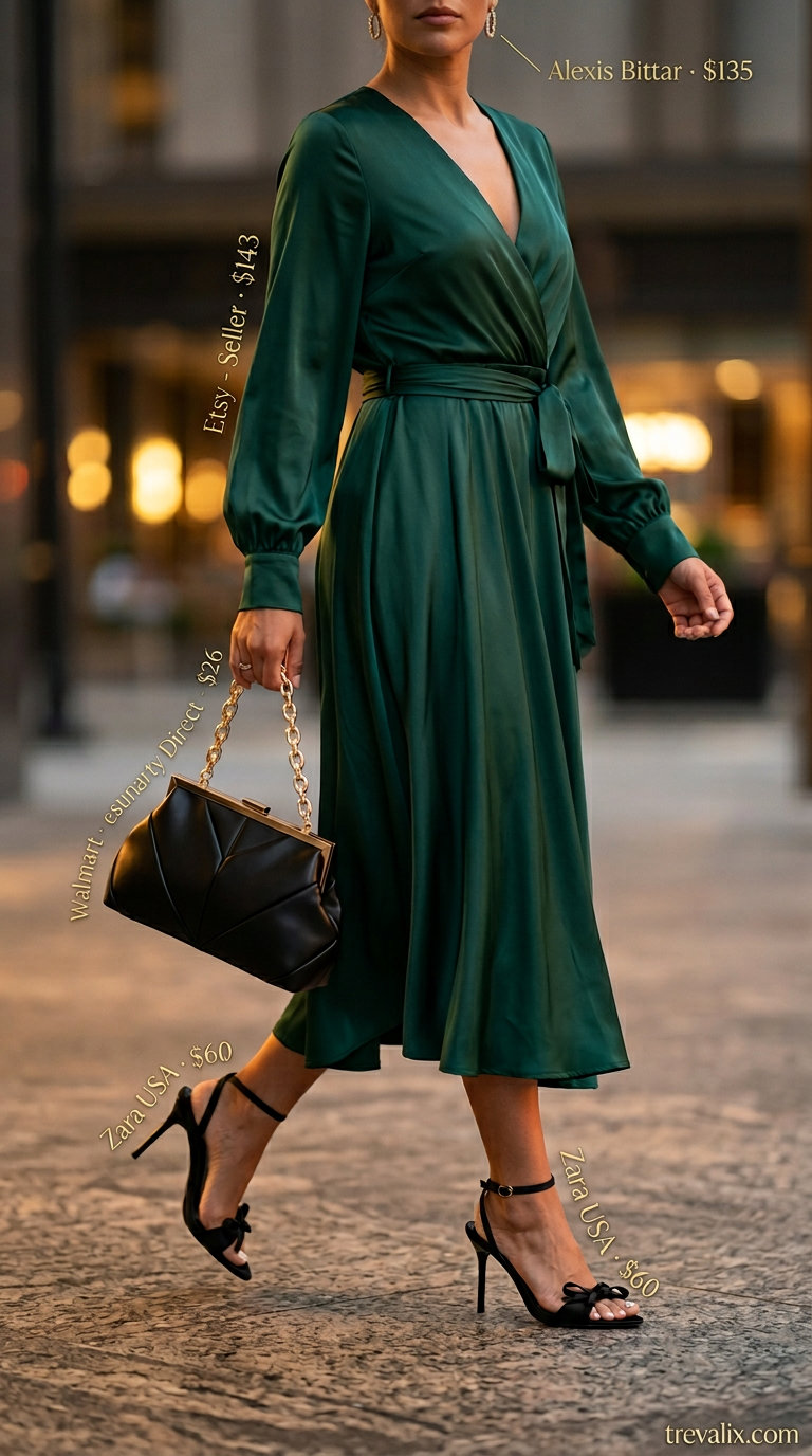 Elegant summer wrap dress outfits 2026: Emerald green midi wrap dress with black heels, clutch, and gold earrings for cocktails.