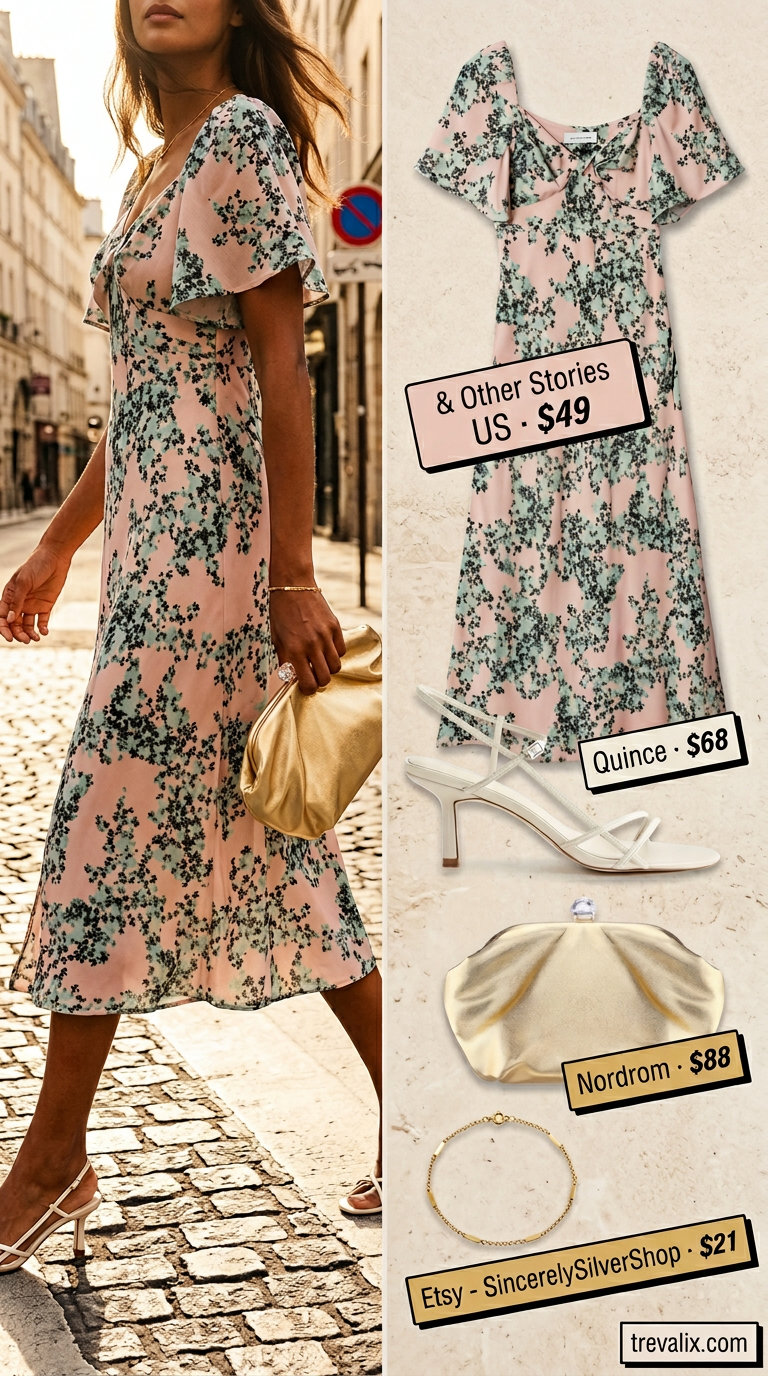 Elegant summer wrap dress outfits 2026: Coral midi wrap dress with gold sandals, bracelet, and clutch for date nights.