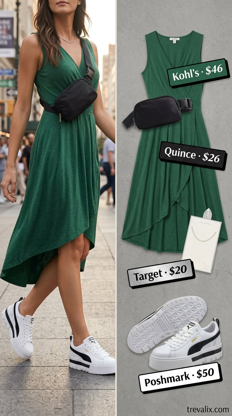 Elegant summer wrap dress outfits 2026: Olive green wrap dress with chunky sneakers and belt bag for casual weekend.