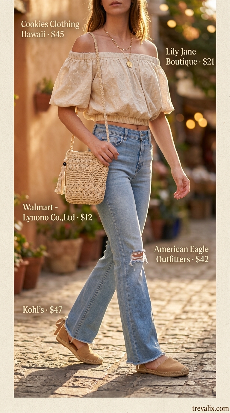 Flare jean outfits summer for women 2026: Light blue distressed jeans, smocked crop top, straw bag for boho vibes.