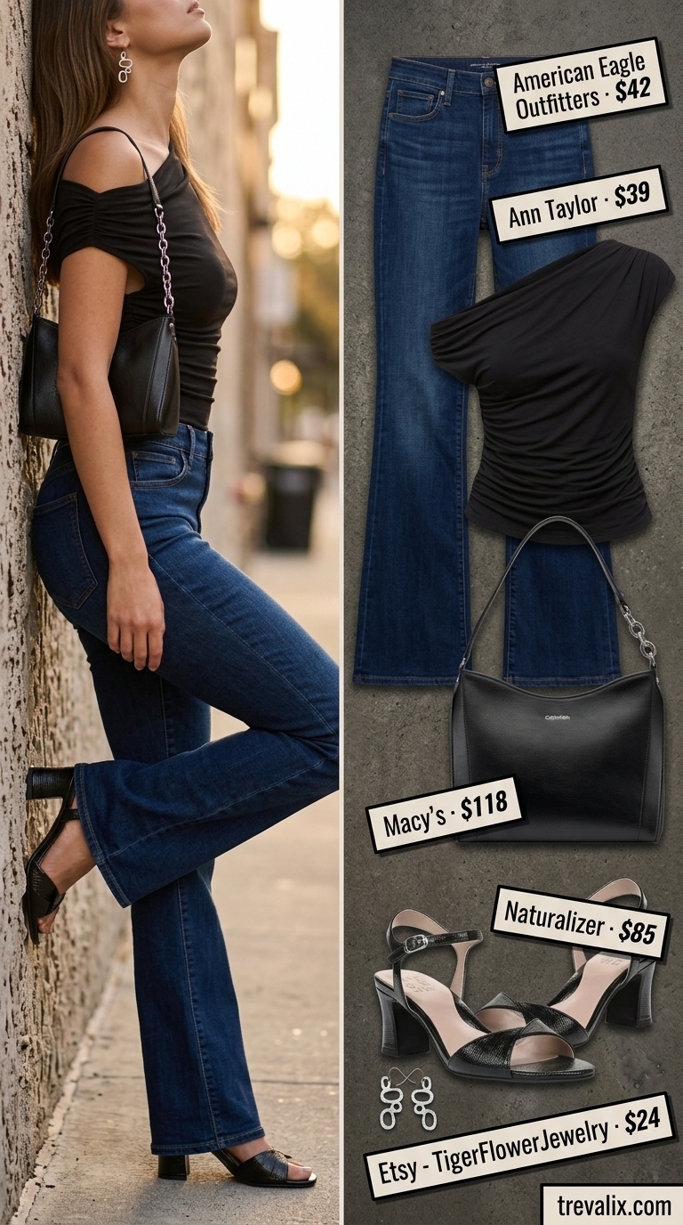 Flare jean outfits summer for women 2026: Dark indigo flare jeans with black one-shoulder top for city nights.