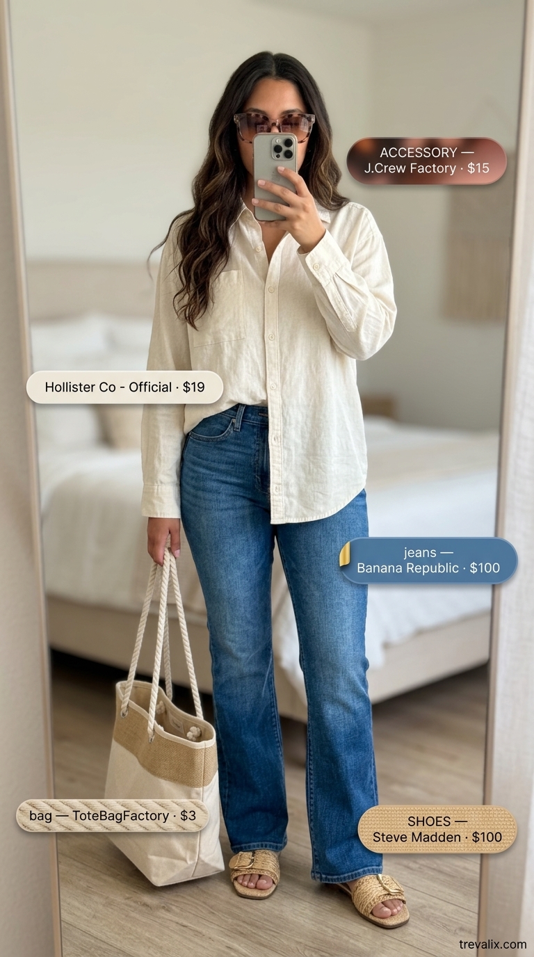 Flare jean outfits summer for women 2026: Medium blue jeans, linen shirt, slide sandals for coastal lunch.