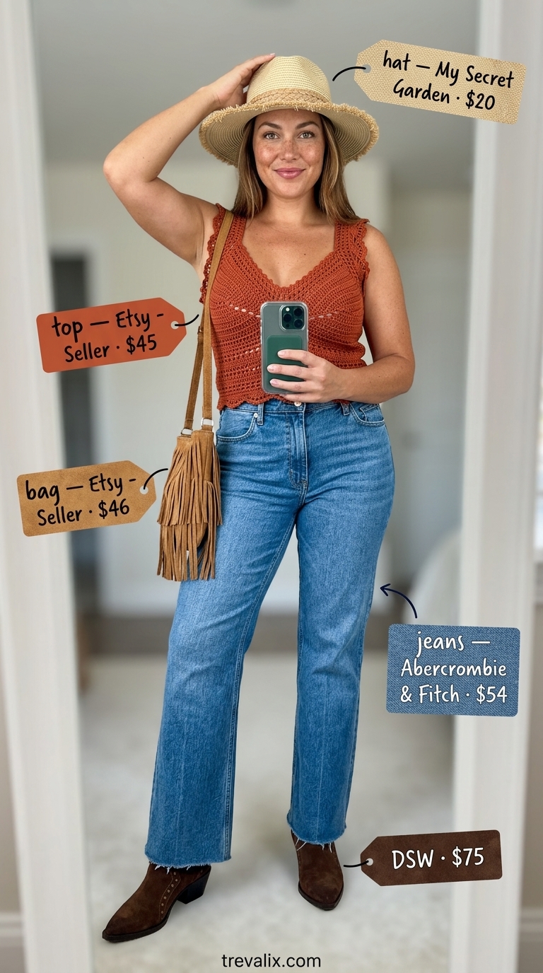 Flare jean outfits summer for women 2026: Medium wash jeans, crochet top, fedora for desert festival.