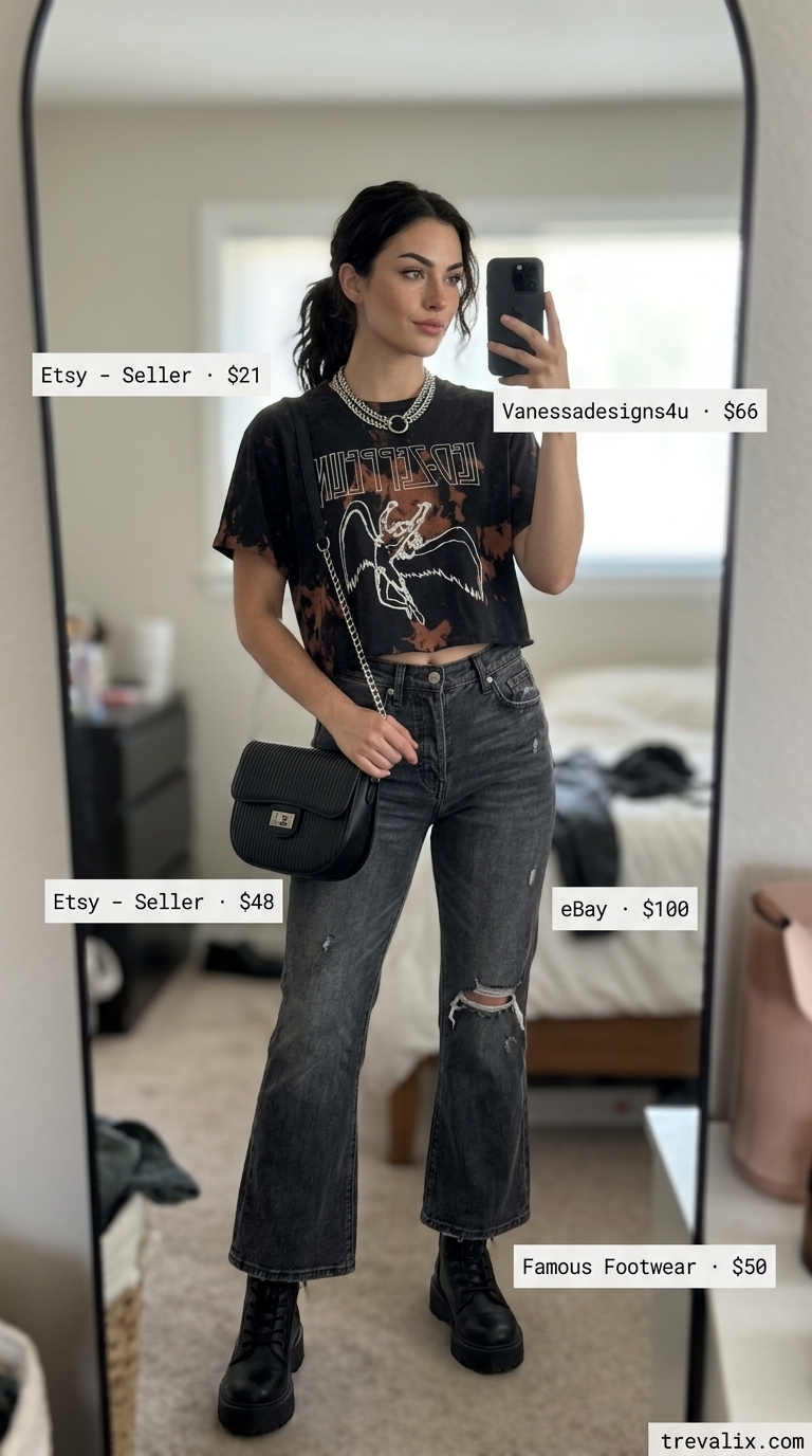 Flare jean outfits summer for women 2026: Charcoal grey flare jeans with graphic tee for downtown edge.