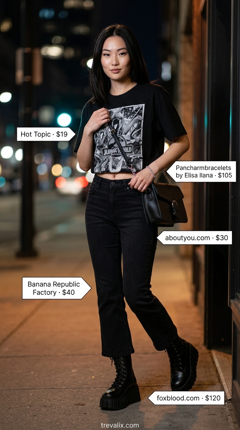 Flare jean outfits summer for women 2026: Black kick flare jeans, graphic tee, platform boots for an edgy night out.