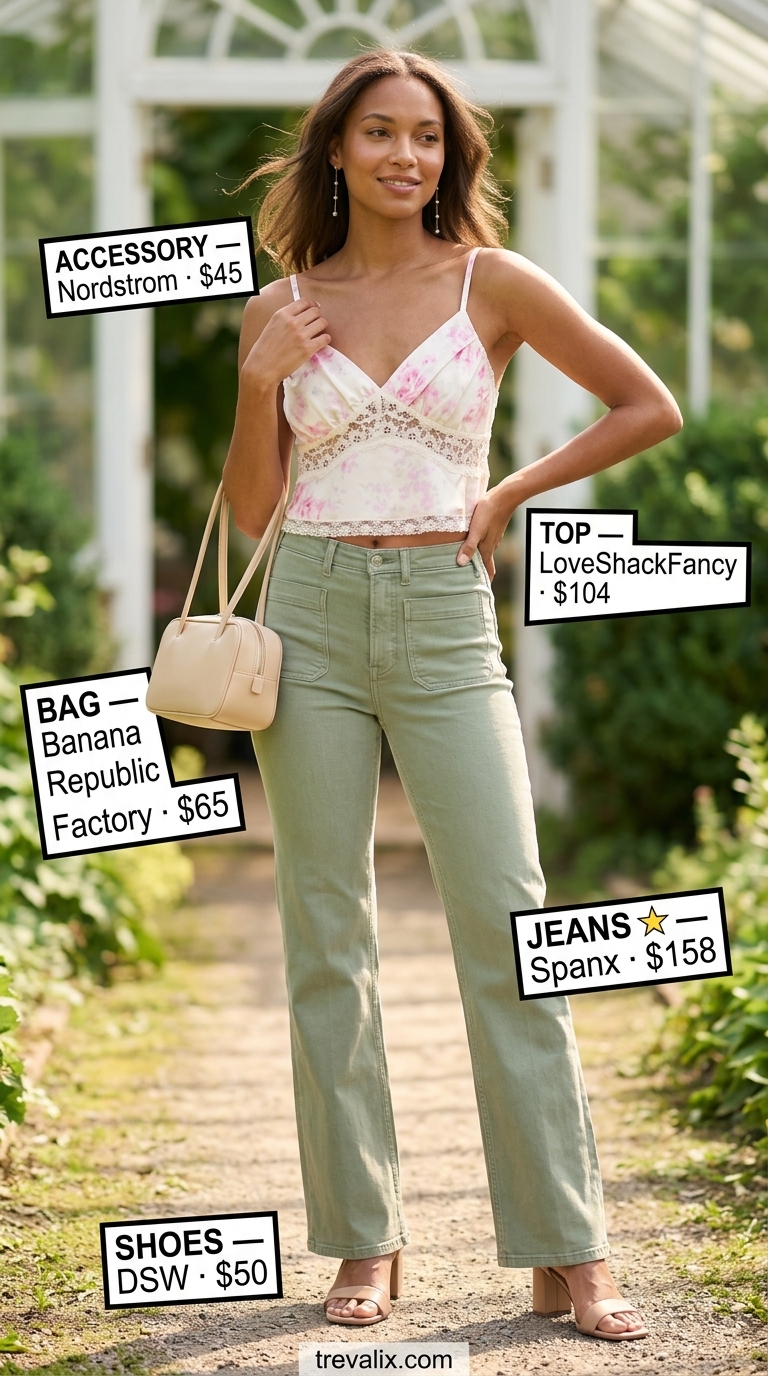 Flare jean outfits summer for women 2026: Pastel green flare jeans with floral camisole for garden party.