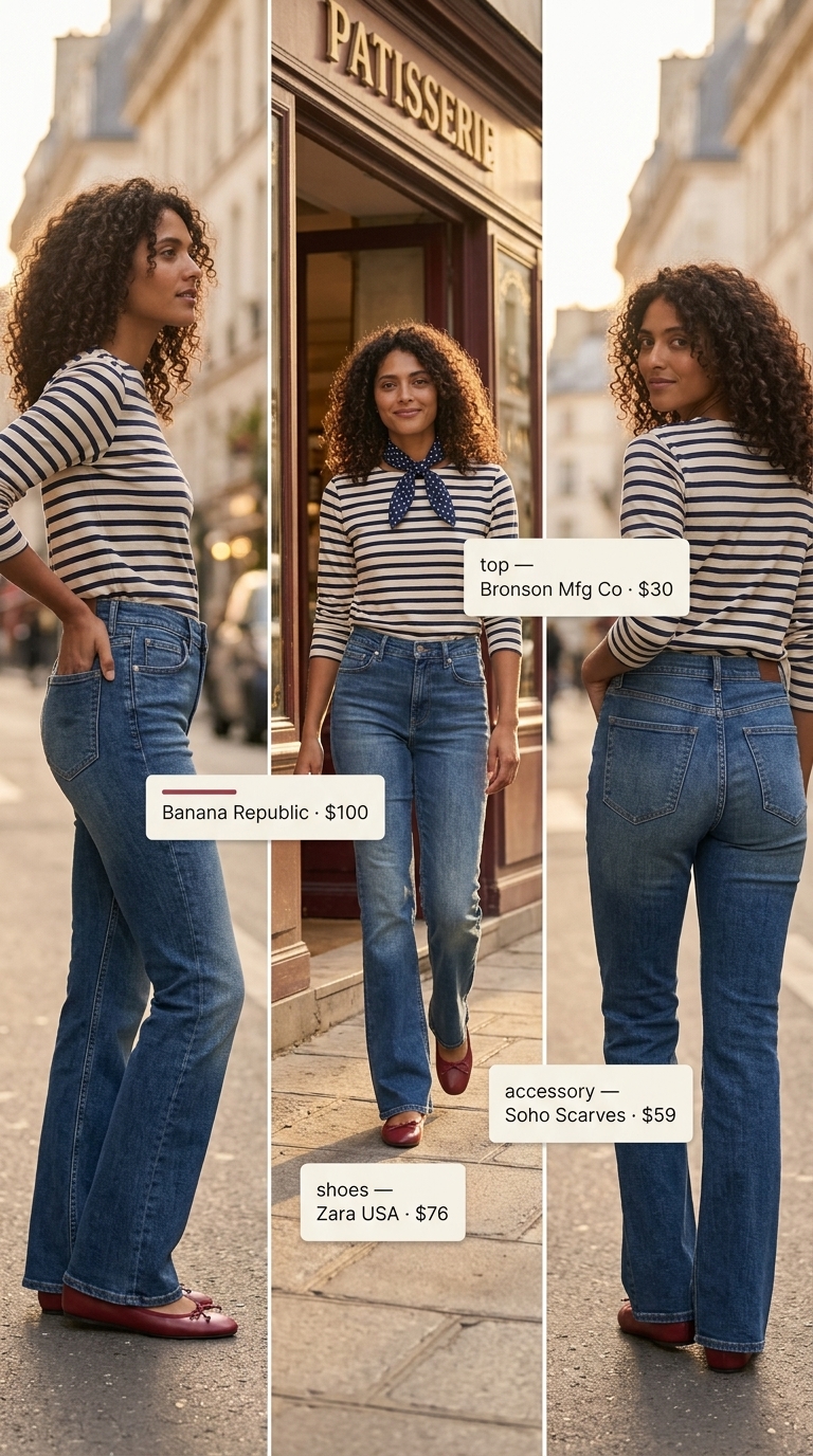 Flare jean outfits summer for women 2026: Medium wash jeans, Breton top, red ballet flats for Parisian stroll.