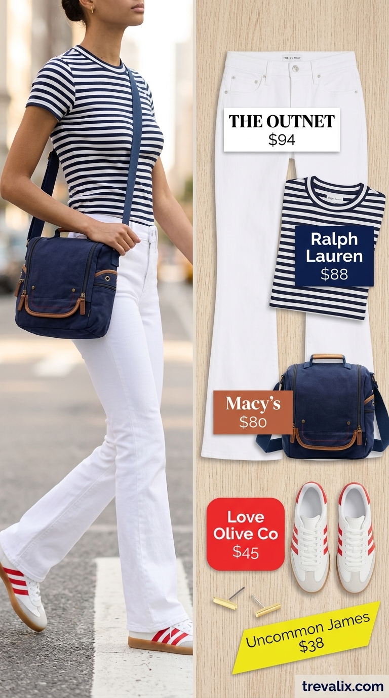 Flare jean outfits summer for women 2026: White jeans, striped tee, sneakers for preppy summer day.