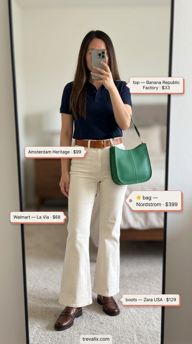 Flare jean outfits summer for women 2026: Ecru flare jeans with navy polo and loafers for preppy lakeside retreat.