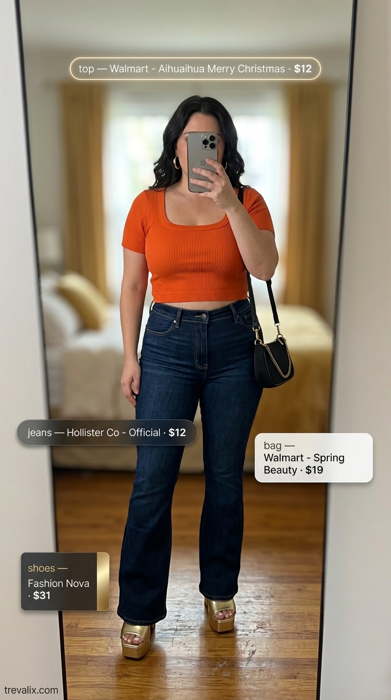 Flare jean outfits summer for women 2026: Dark wash jeans, ribbed crop top, platform sandals for retro concert.