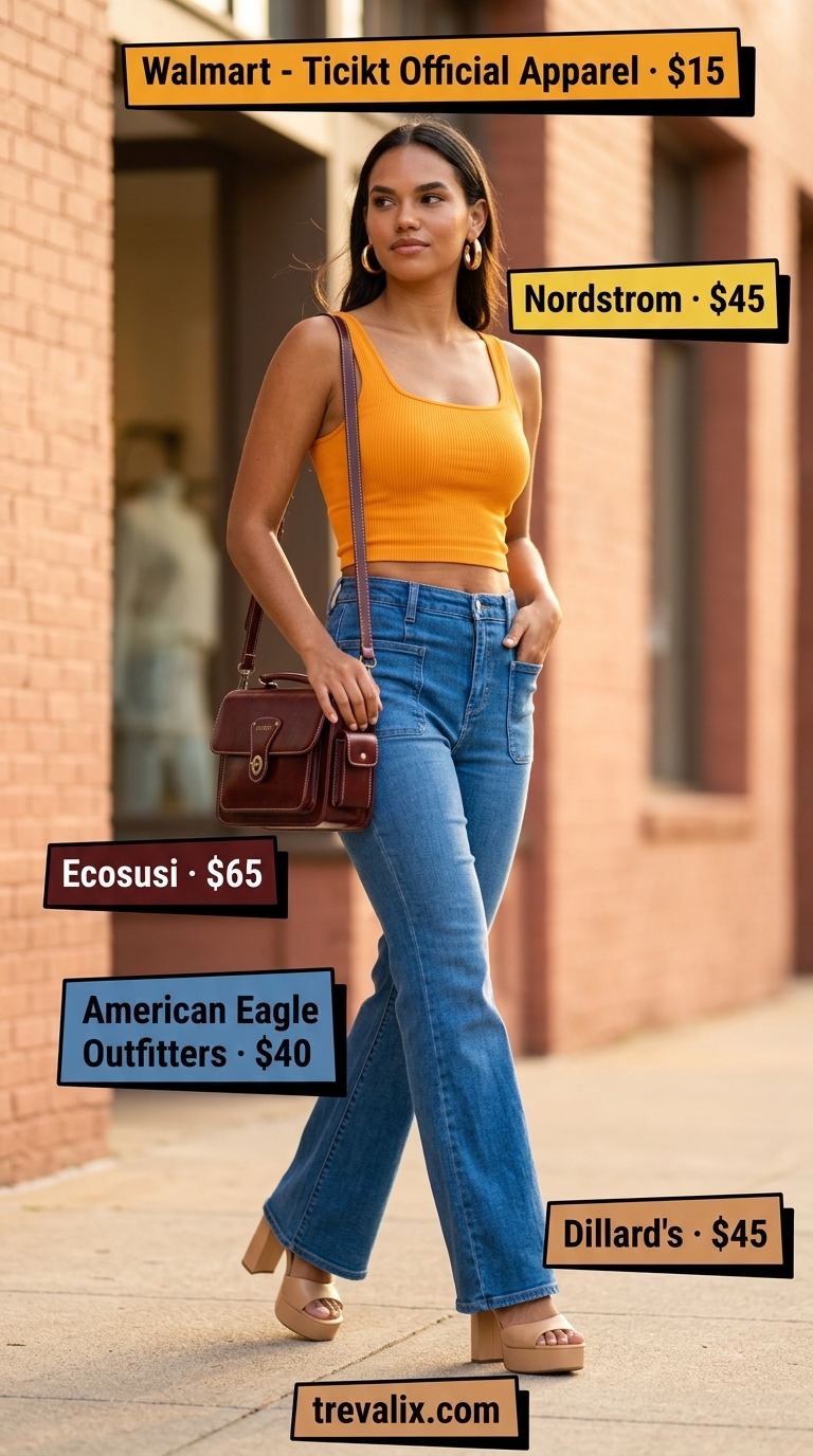 Flare jean outfits summer for women 2026: Medium blue flare jeans with burnt orange tank for retro pop.