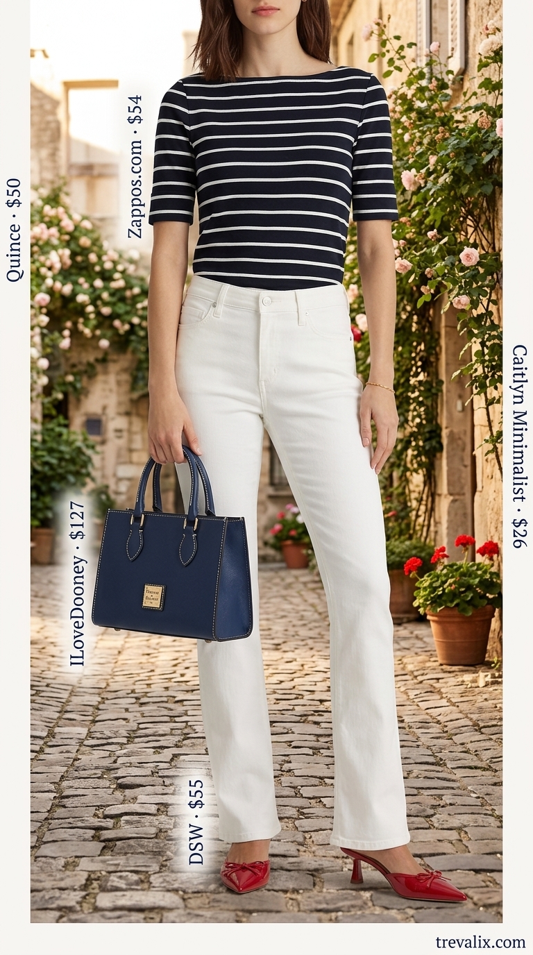 Flare jean outfits summer for women 2026: Crisp white flare jeans with navy stripe top for Riviera chic brunch.