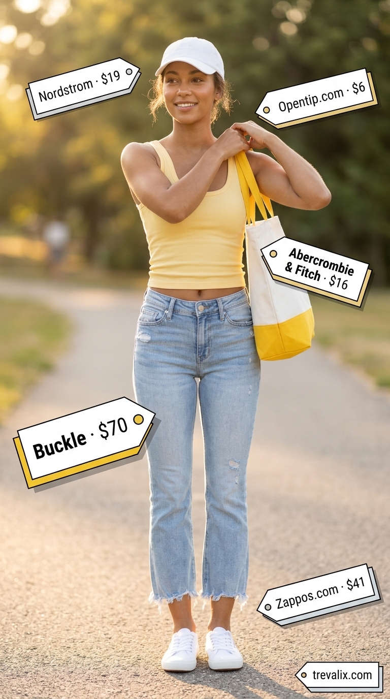 Flare jean outfits summer for women 2026: Distressed light blue flare jeans with yellow tank for sunny day.