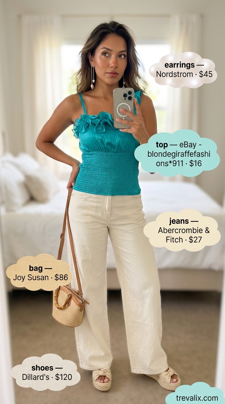 Flare jean outfits summer for women 2026: White linen-blend flare jeans with turquoise off-shoulder top for tropical vacation.