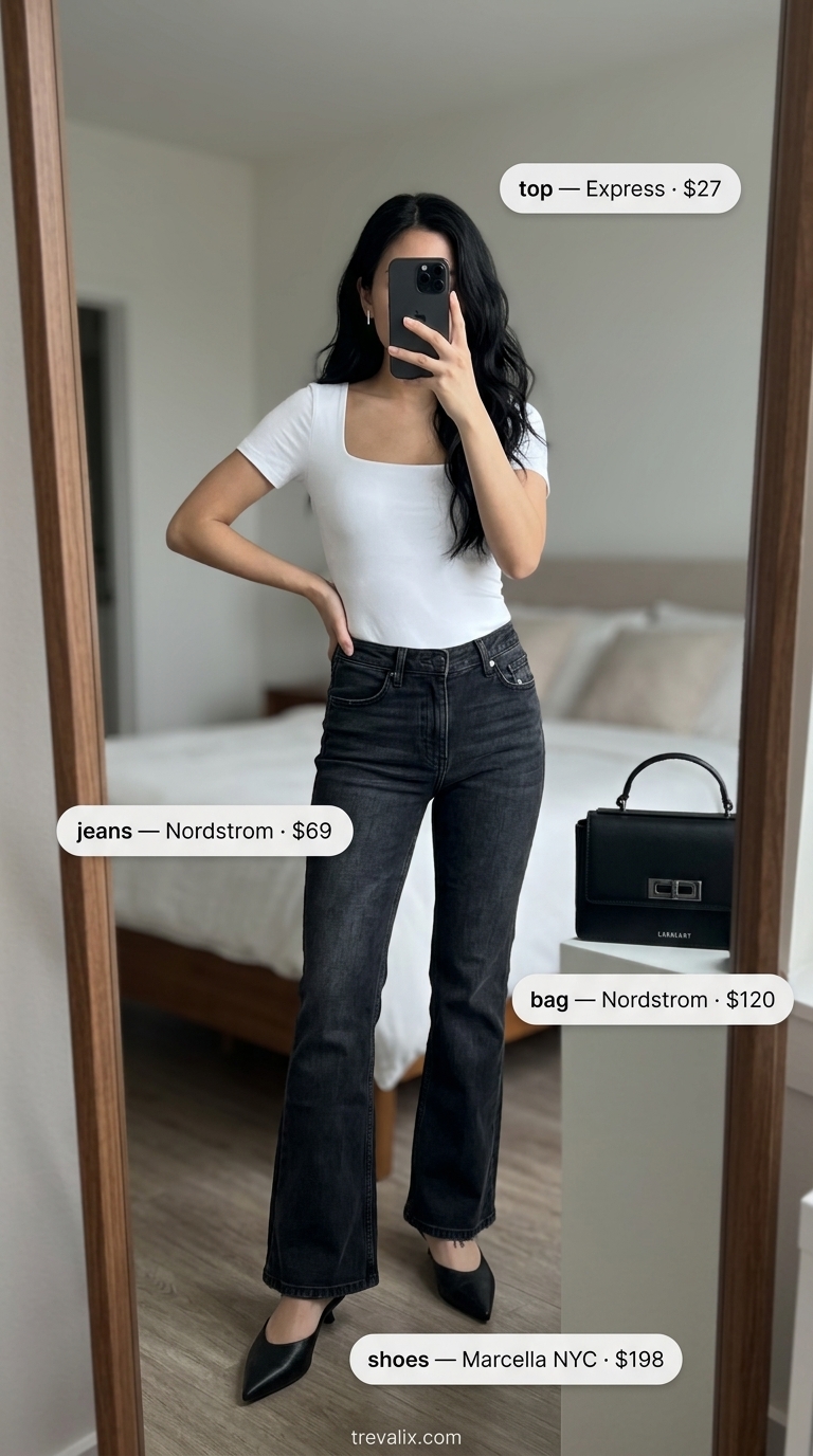 Flare jean outfits summer for women 2026: Faded black flare jeans with white bodysuit for urban edge.