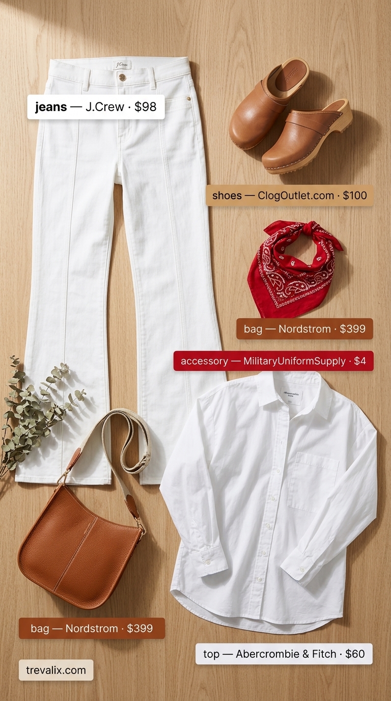 Flare jean outfits summer for women 2026: Classic blue flare jeans, oversized white shirt, tan clogs, and paisley bandana for Americana style.