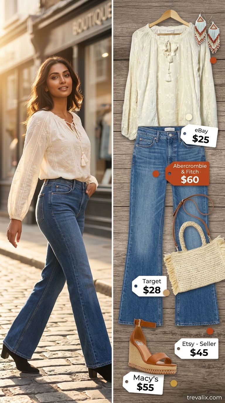 Flare jean outfits summer for women 2026: Medium wash flare jeans, cream peasant blouse, straw crossbody, and wedge espadrilles for a bohemian look.