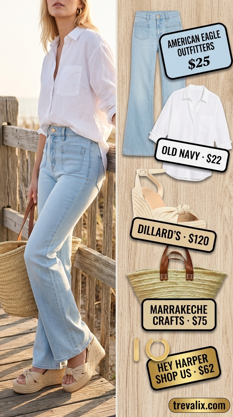 Flare jean outfits summer for women 2026: Light wash flare jeans, white linen shirt, straw tote, and espadrille wedges for a coastal brunch vibe.