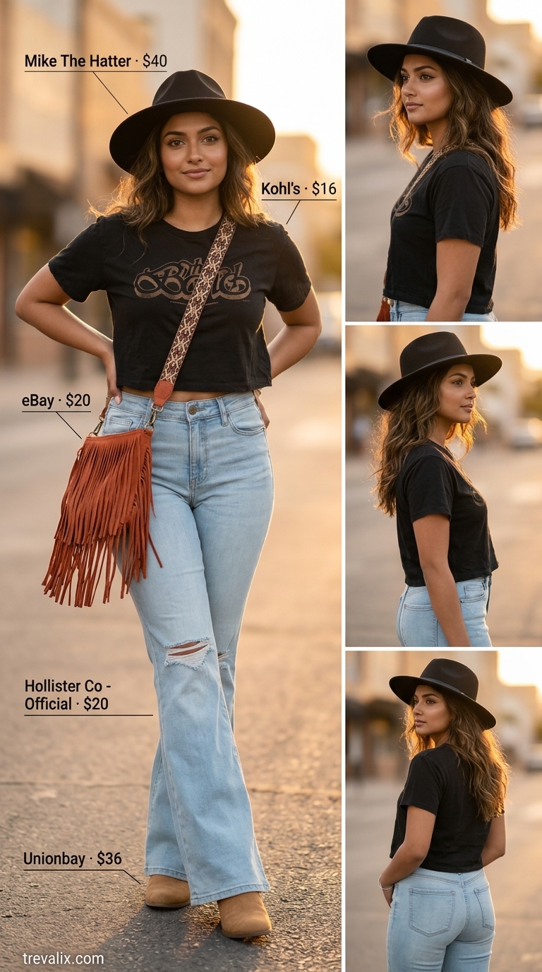 Flare jean outfits summer for women 2026: Distressed light wash flare jeans, graphic tee, fringe bag, fedora hat, and suede boots for a festival look.