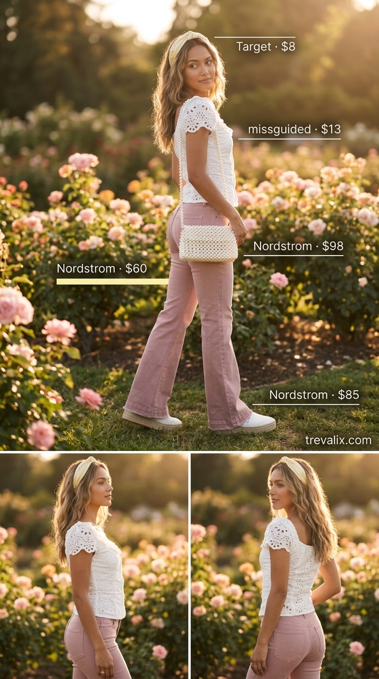 Flare jean outfits summer for women 2026: Pastel pink flare jeans, white eyelet crop top, floral headband, and espadrille flatforms for a garden party.