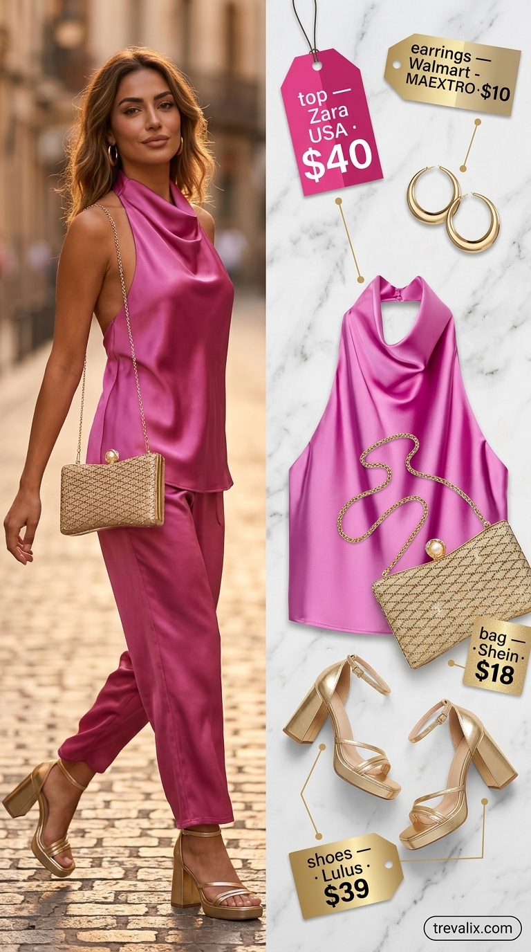Flare jean outfits summer for women 2026: Hot pink halter top, dark wash super flare jeans, gold sequin clutch & chunky hoops for a retro disco vibe.