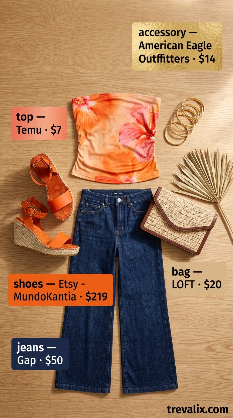 Flare jean outfits summer for women 2026: Dark rinse wide flare jeans, tropical print bandeau top, raffia clutch, and espadrille wedges for a resort vibe.