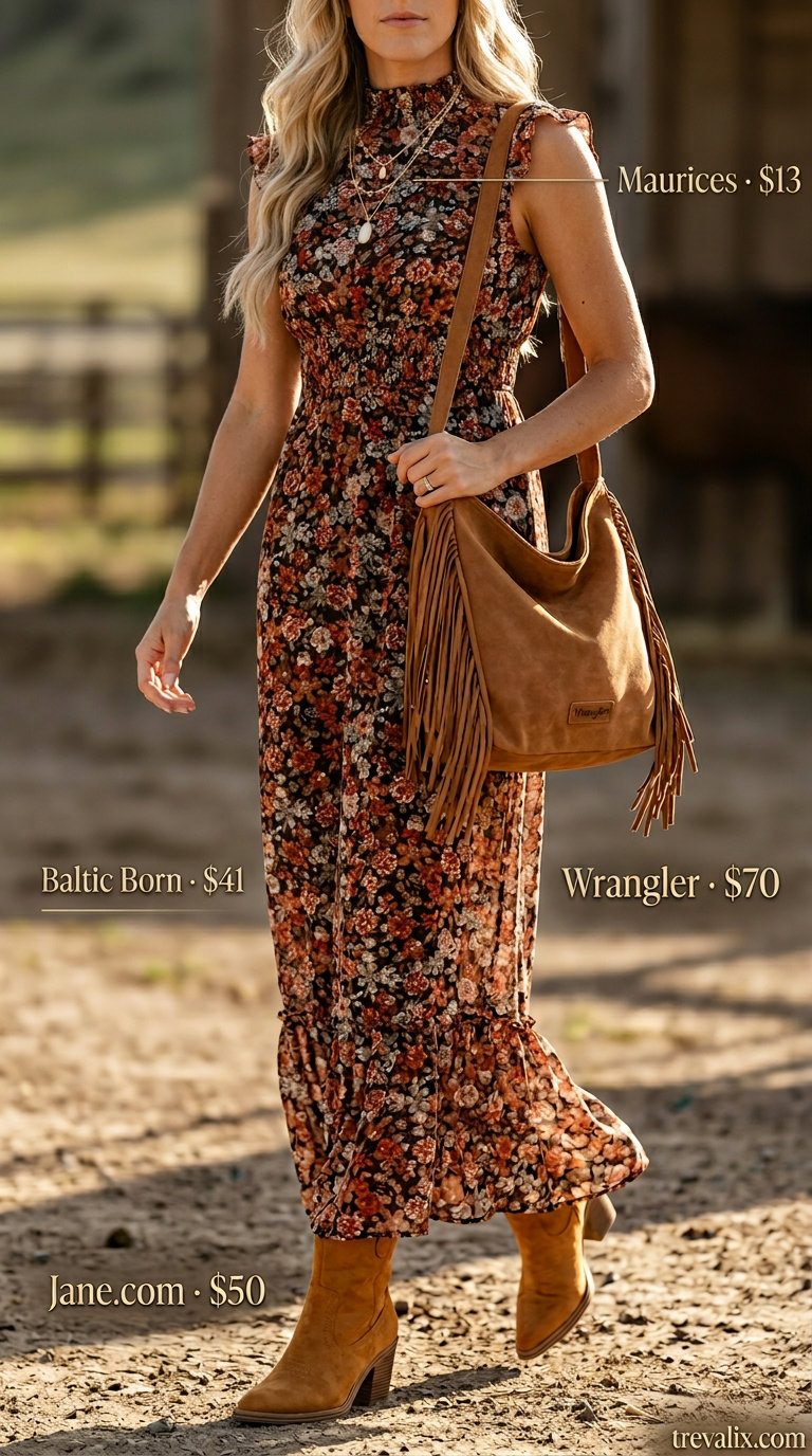 Floral Summer Blouses 2026: Bohemian Maxi Dress Bohemian festival maxi dress in earth tones with suede boots and a fringe hobo bag.