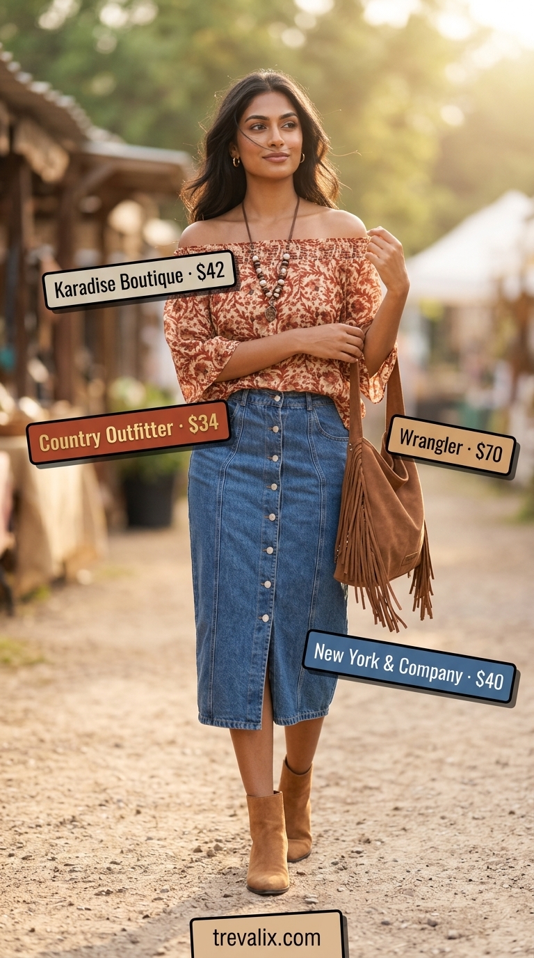 Floral Summer Blouses 2026: Bohemian Festival Style Bohemian music festival outfit with a rust floral summer blouse, denim midi skirt, and suede ankle boots.