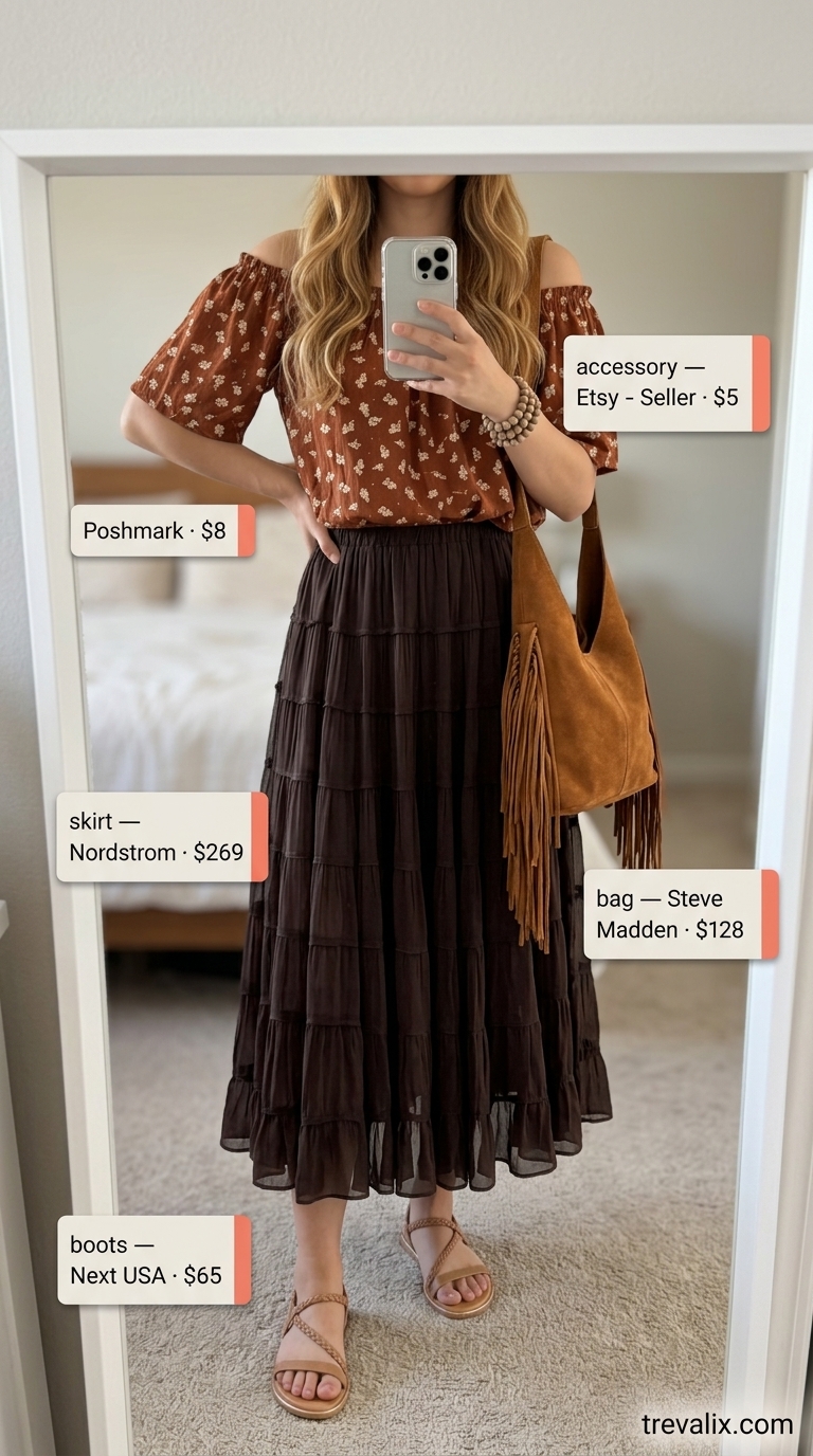 Floral Summer Blouses 2026: Boho Summer Dream Bohemian floral summer blouses 2026 for festivals: terracotta floral peasant blouse with tiered brown skirt and suede bag.