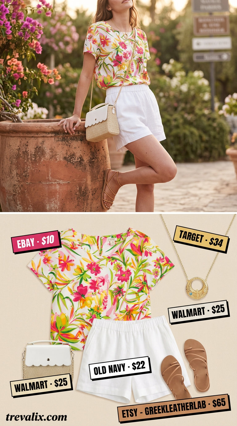 Floral Summer Blouses 2026: Coastal Breeze Garden Party Effortless floral summer blouses 2026 for garden party: multicolor floral blouse with white linen shorts and tan sandals.