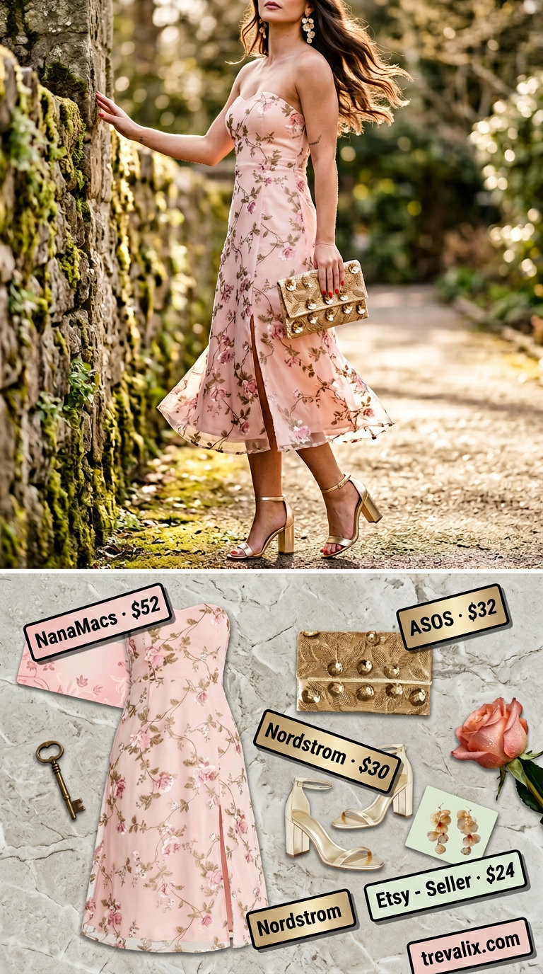 Floral Summer Blouses 2026: Garden Party Midi Dress Elegant garden party outfit: blush floral midi dress with gold accessories and strappy heels.