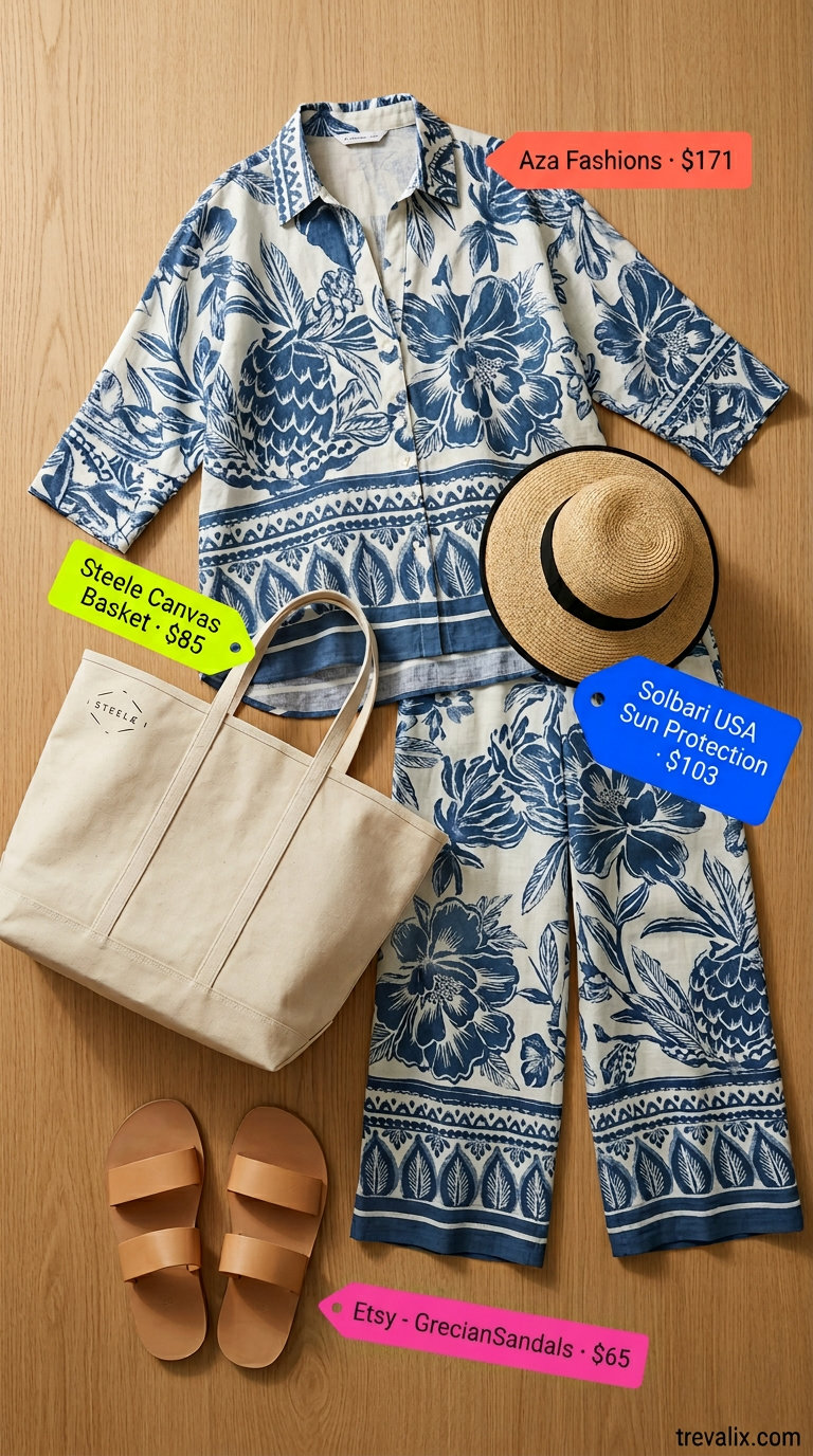 Floral Summer Blouses 2026: Linen Vacation Set Relaxed vacation outfit featuring a blue and white floral linen set with an oversized shirt and pants.