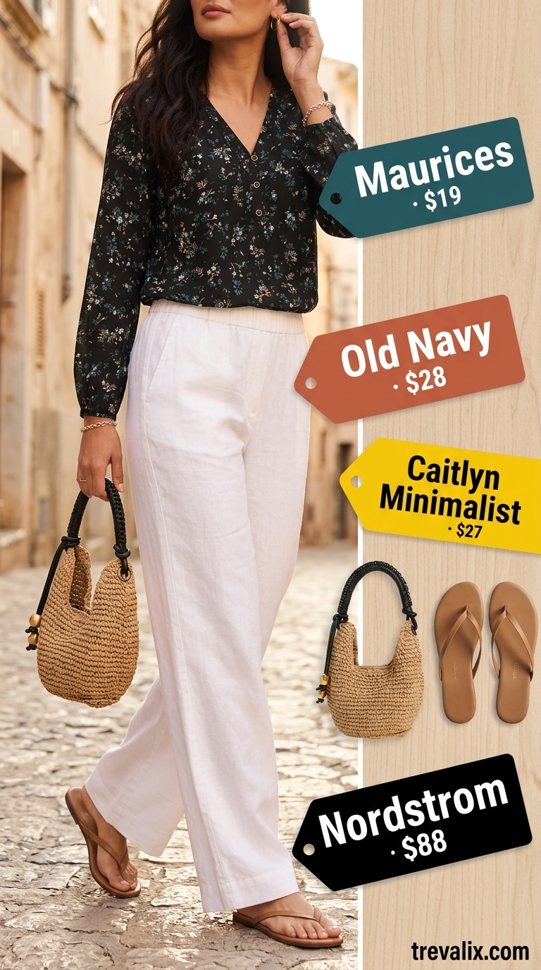 Floral Summer Blouse 2026: Vacation Chic Chic floral summer blouse 2026 paired with white linen pants for a relaxed vacation look.