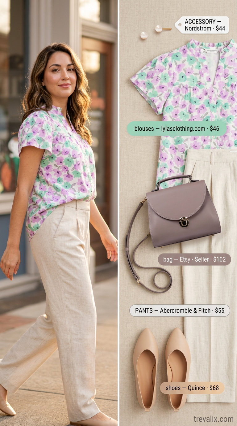 Floral Summer Blouses 2026: Pastel Chic Blouse Elegant office look with a pastel floral chiffon blouse, cream trousers, and ballet flats.