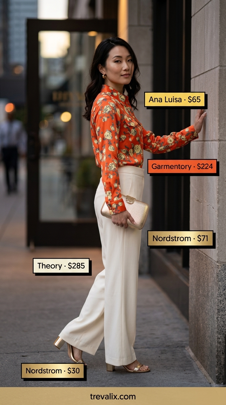 Floral Summer Blouses 2026: Sunset Glow Evening Chic Vibrant floral summer blouses 2026 for evening: orange and pink floral satin blouse with cream wide-leg pants and gold heels.