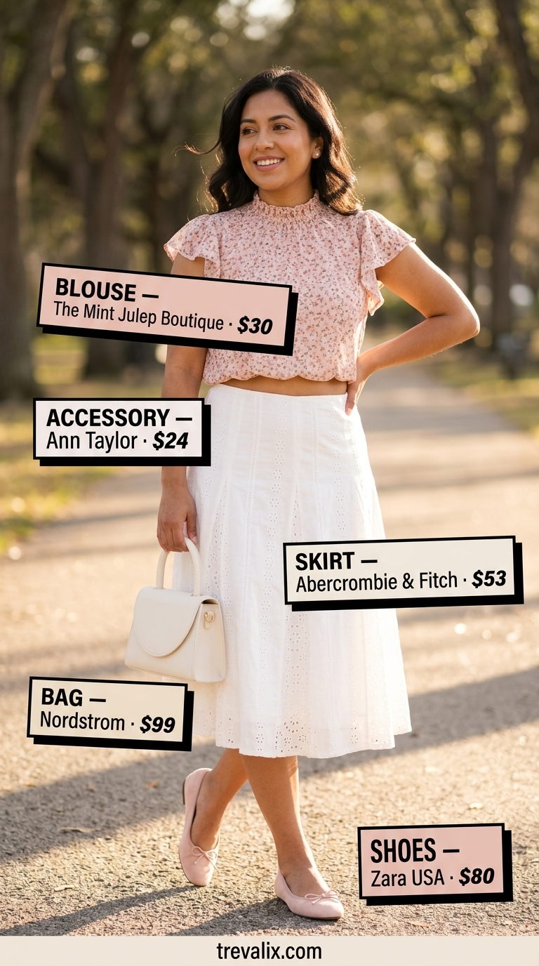 Floral Summer Blouse 2026: Romantic Date Sweet floral summer blouse 2026 with a midi skirt for a romantic date outfit.