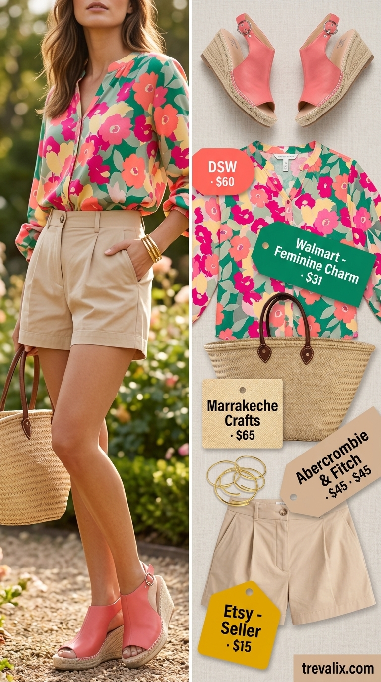 Floral Summer Blouses 2026: Tropical Garden Party Fun Playful floral summer blouses 2026 for garden party: pink floral puff-sleeve blouse with beige shorts and espadrilles.