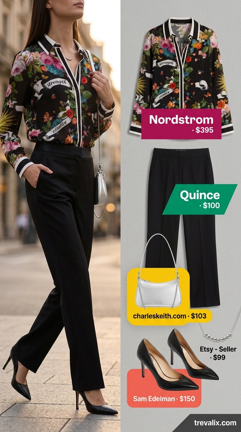 Floral Summer Blouses 2026: Urban Bloom Sophistication Sophisticated floral summer blouses 2026 for city wear: black floral silk-blend blouse with tailored trousers and heels.