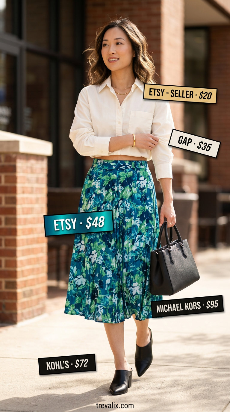 Floral Summer Blouses 2026: Urban Bloom Midi Style Chic floral summer blouses 2026 for office: blue floral midi skirt with cream blouse and black mules.