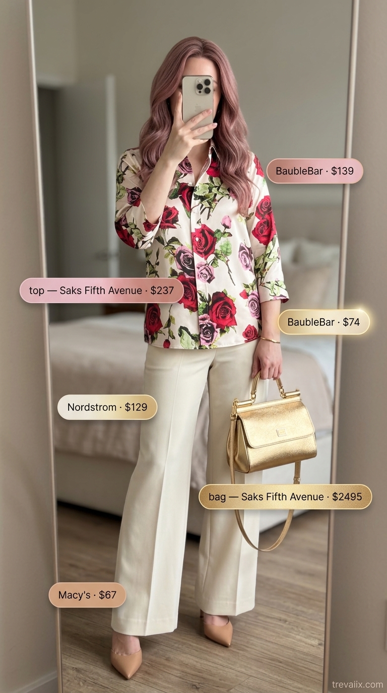 Floral Summer Blouses 2026: Urban Bloom Silk Blouse Sophisticated office casual look with a pink and gold floral silk blouse and wide-leg trousers.